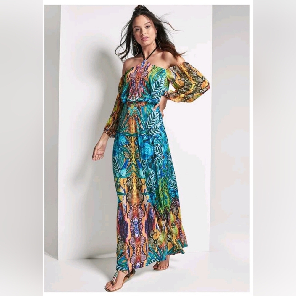 Venus Floral Reptile Snake Print Halter Off Shoulder Tropical Maxi Dress